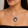 Silver Chain With Coffee Marble Effect Pendant With Diamante Centre Short Necklace