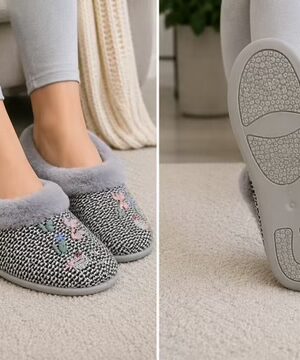 Grey Butterfly Detail Faux Fur Cuff Slippers In Different Sizes