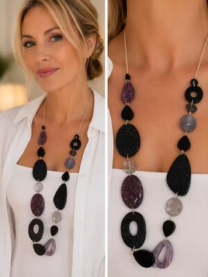 Purple/Black Sparkle Geometric Beaded Long Colourful Necklace