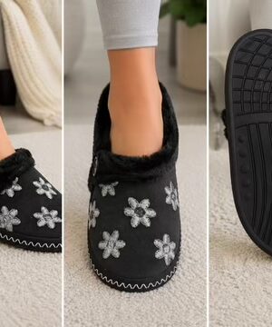 Black Floral Faux Fur Cuff With Memory Foam Insole Slippers In Various Sizes
