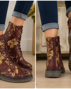 Wine With Gold Floral Print Memory Foam Insole 8 Eyelet Boot In Various Sizes