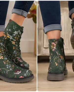 Gorgeous Green With Multi Floral Print Memory Foam Insole 8 Eyelet Boot In Various Sizes