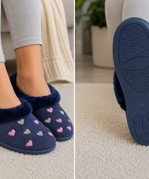 Navy Heart Detail Faux Fur Full Cuff Memory Foam Slippers In Various Sizes
