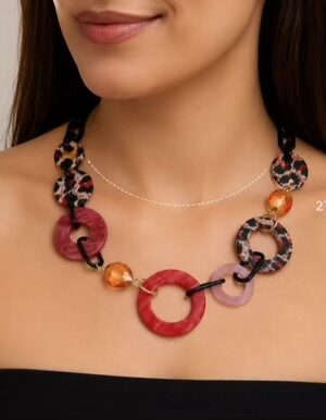 Red/Purple/Black Animal Print Jewel Detail Chain link Ring Colourful Necklace