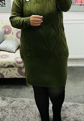 Cream, Beige, Navy, And Khaki Soft Knit Knitted Pattern Jumper Tunic Dress