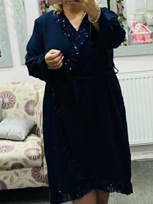 Navy Or Wine Sequin Frill Detail Belted Dress