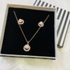 Rose Gold Double Halo With Faux Pearl Centre Piece Pendant Necklace And Earring Set