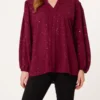 Wine Collarless V Neck Metallic  Sparkle Blouse