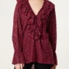 Wine Sequin Ruffle Neck Lace Cotton Mix Blouse