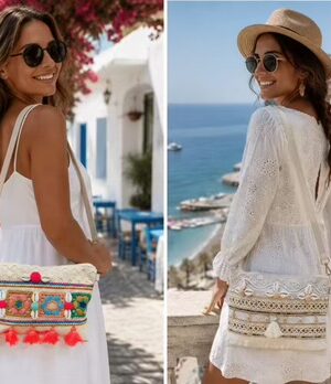White Tassel, Pink Pom Pom Crochet Bag With Shell Detail