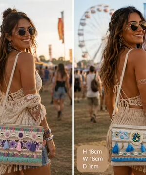 Blue Tassel , Shell & Jewel Embellished Crochet Bag With Wristlet and Shoulder Strap