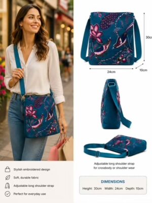 Teal Bird Print Velvet Logan Bag