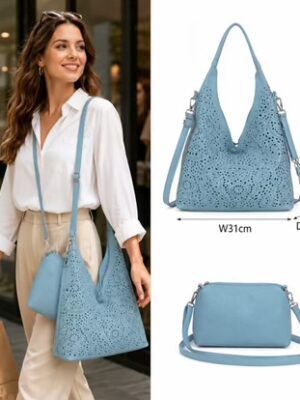 blue Or Beige Laser Cut Hobo 2 in 1 Bag