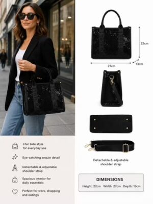 Pink, Black, Or Beige  Sequin Tote Bag With Shoulder Strap