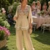 Beige Floral Sequin 2 Piece Top And Trouser Set