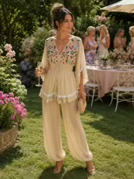 Beige Floral Sequin 2 Piece Top And Trouser Set