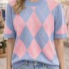 Knitted Diamond Print Short Sleeve Top In Various Colours