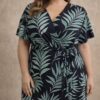 Navy Green Leaf Print Long Cross Over Dress