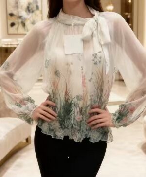 Floral Print With Gold Glitter Pin Stripe Detail Pussy Bow Blouse Various Colours