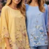 Blue Or Lemon Floral Print Crew Neck Blouse