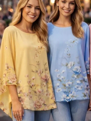 Blue Or Lemon Floral Print Crew Neck Blouse