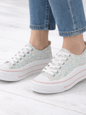 Green/Pink Floral Print Lace Up Platform Canvas Pumps