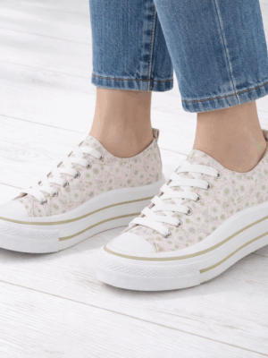 Pink/Green Floral Print Lace Up Platform Canvas Pumps