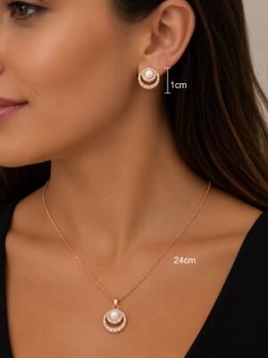 Rose Gold Double Halo With Faux Pearl Centre Piece Pendant Necklace And Earring Set