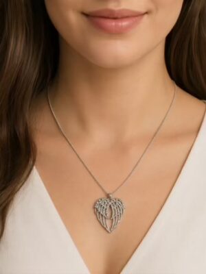 Large Silver Diamante Angel Wings Long Necklace