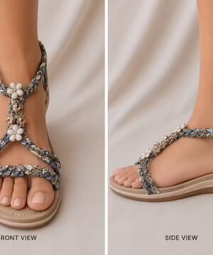 Blue Mini Floral Print Diamante Twist Flat Elasticated Halter Back Sandal