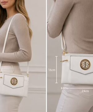 White, Cream, Or Gold Cross Body Bag With Large Gold Disc Embellishment