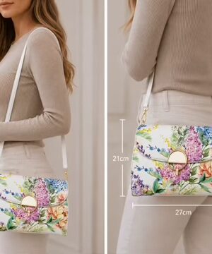 Black Or White Floral Handbag With Shoulder Strap And Gold Ring Detail