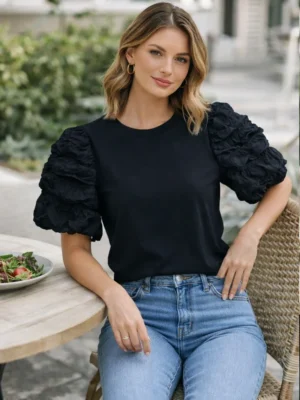 Black Frill Sleeve Cotton T-Shirt