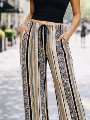 Red, Black, Or Blue Animal Stripe Print Pleated Trousers
