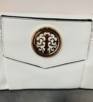 White, Light Beige, Or Gold Cross Body Bag With Large Gold Disc Embellishment