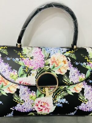 Black Or White Floral Handbag With Shoulder Strap And Gold Ring Detail