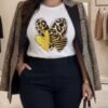 Animal Print Heart Detail Plus Size Cotton T-Shirt In Green, White, And Pink