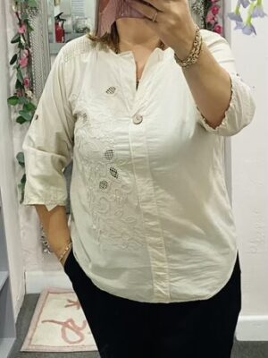 Pink Or Beige Floral sequin Detail Button Up Sleeve Cotton Shirt