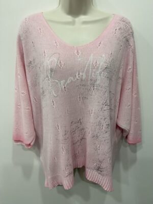 Pink Or Lemon Fine Knitted "BEAUTIFUL" Foil Print With Diamante Detail Top