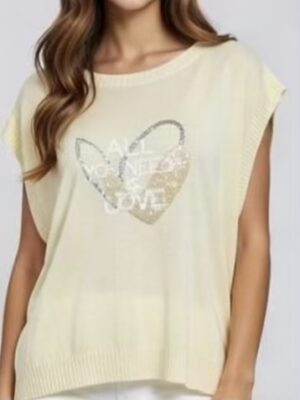 Lemon Or Blue "ALL YOU NEED IS LOVE" Sequin Heart Sleeveless Fine Knit Top