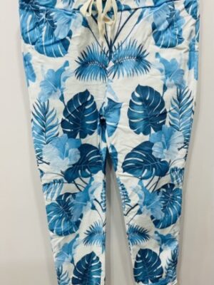 Blue Leaf Print Magic Cotton Trousers