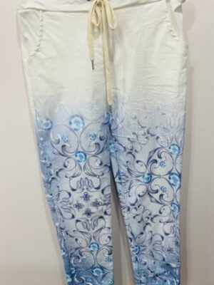 White/Blue Floral Diamond Print Cotton Magic Trousers