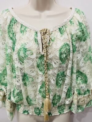 Blue/Multi Pink/Multi Or Green Lace Top With 3/4 Frill Sleeve