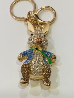 Gold Diamante Rabbit With Blue Jacket On Key Ring/Bag Charm