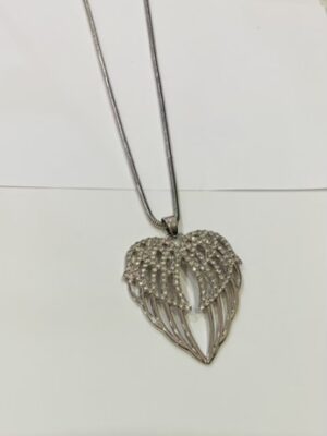 Large Silver Diamante Angel Wings Long Necklace