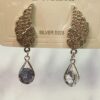 Silver Diamante Angel Wing Earrings With Slight Bluish Tint Diamante Drop Detail
