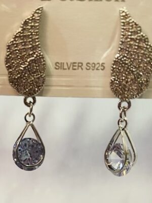 Silver Diamante Angel Wing Earrings With Slight Bluish Tint Diamante Drop Detail