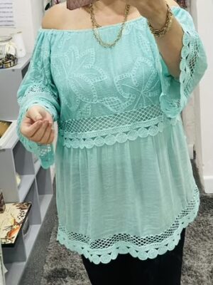 Crochet Detail Cotton Mix Top In Mint, Yellow, And White