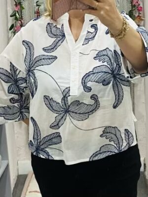 White/Navy Floral Print With Silver Thread Detail cotton Top