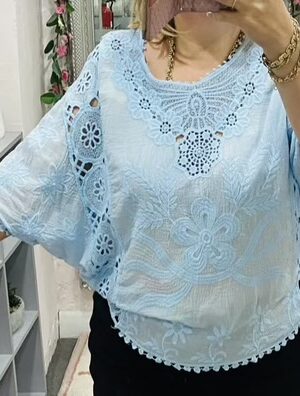 Floral Lace And Crochet Cotton Mix Batwing Top In Mint, Blue, White, And Light Beige
